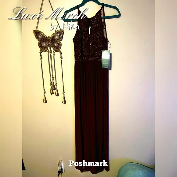 Morgan & Co Sequined Halter Maxi Formal Mermaid Dress - Color Merlot/Nude Size 5 - Picture 6 of 10